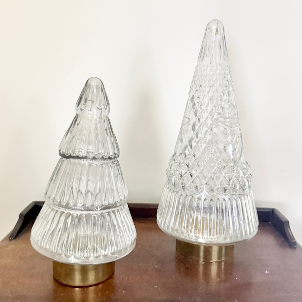 Set of two ribbed and fair isle print glass fairy light battery operated trees